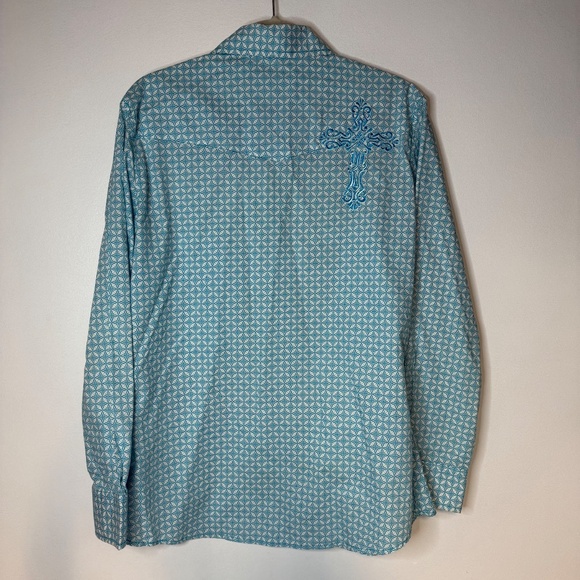 Cowgirl Hardware Blue Pearl Snap Shirt Embroidered Western Christian Cross - Picture 4 of 8